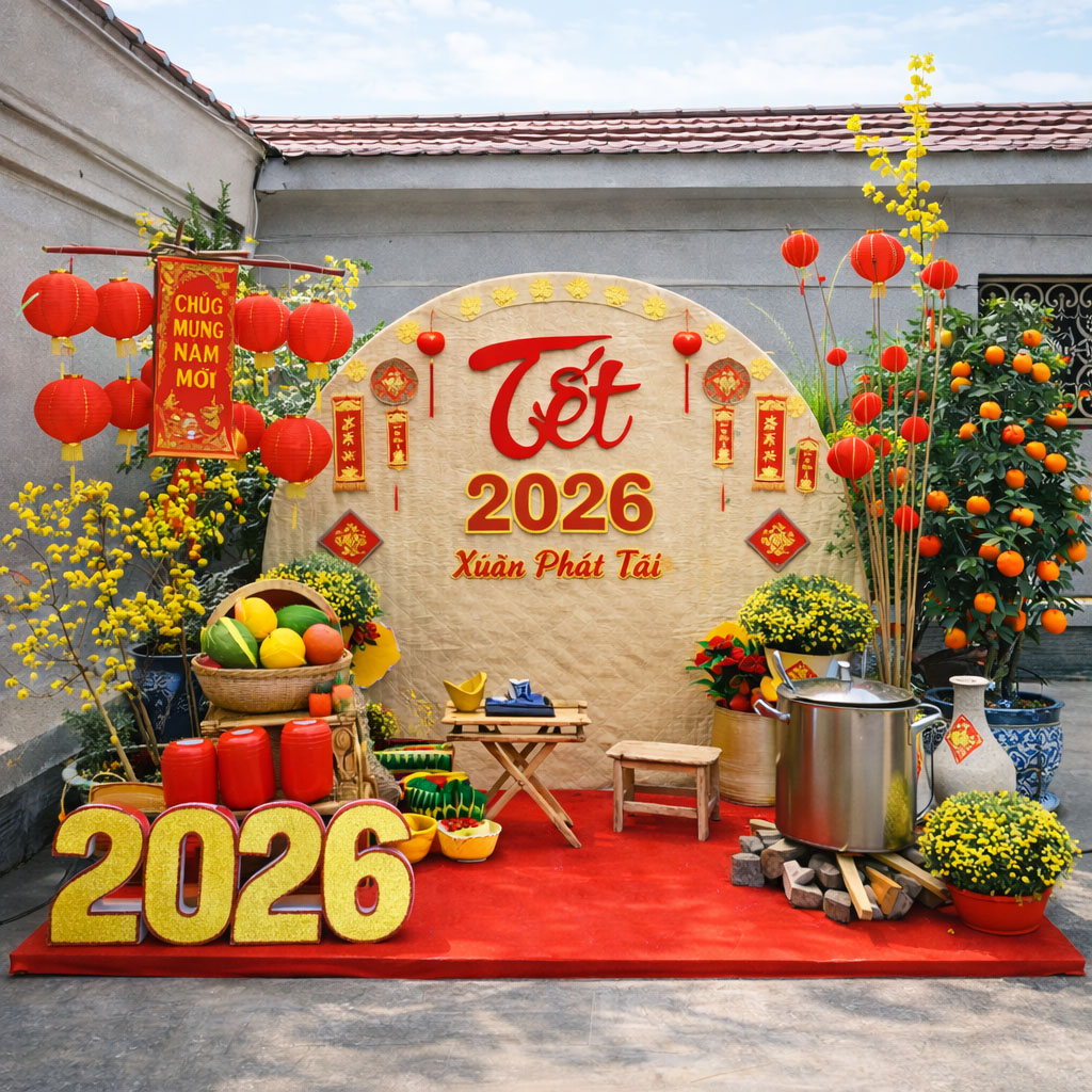 Tiểu cảnh trang trí Tết 2026 với phông tròn truyền thống, chữ Tết Xuân Phát Tài, đèn lồng đỏ, hoa mai vàng, cây quất, mâm ngũ quả