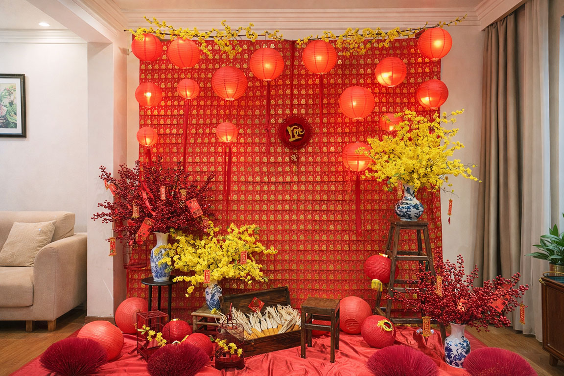 trang trí Tết trong nhà với phông đỏ truyền thống, đèn lồng treo, hoa mai vàng, bình gốm ấm áp