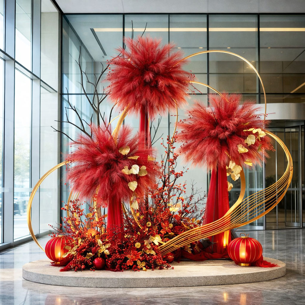 Tiểu cảnh trang trí Tết phong cách hiện đại với cụm hoa đỏ nghệ thuật, vải lụa, pháo hoa 