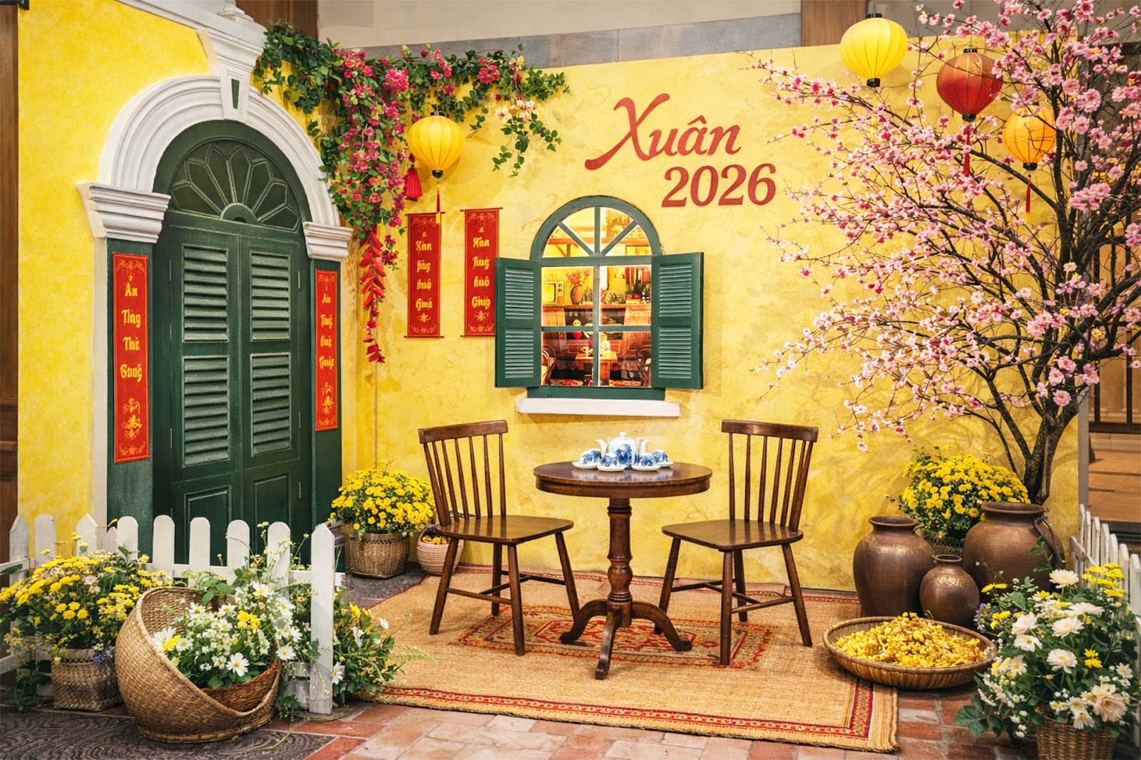 Tiểu cảnh trang trí Tết phong cách nhà cổ Việt Nam với tường vàng, cửa xanh, bàn trà gỗ, hoa mai đào, đèn lồng và không gian check-in ấm cúng truyền thống.