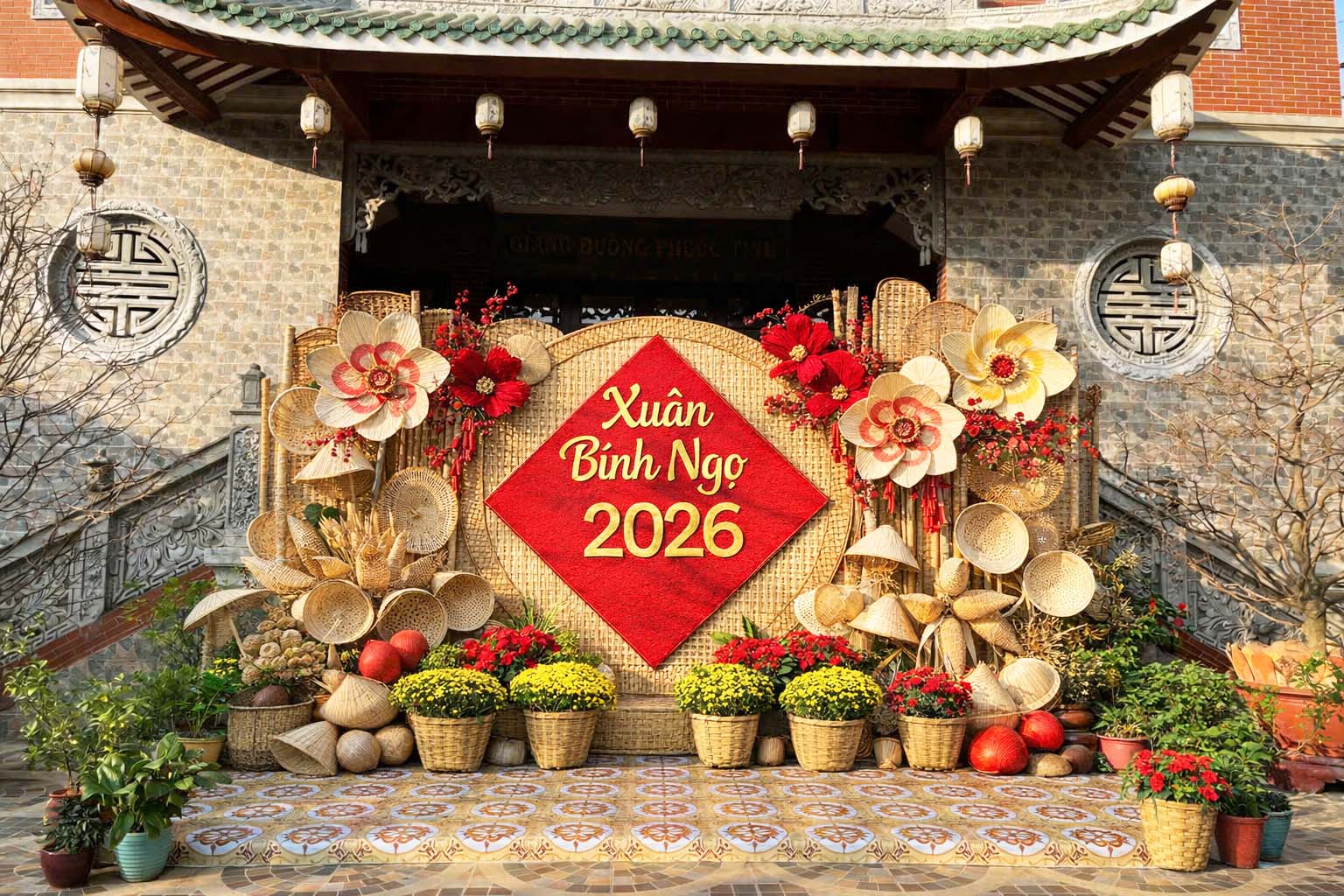Tiểu cảnh trang trí Tết với phông tre nứa truyền thống, nón lá, hoa thủ công, chậu hoa cúc vàng và không gian check-in đậm bản sắc Tết Việt.
