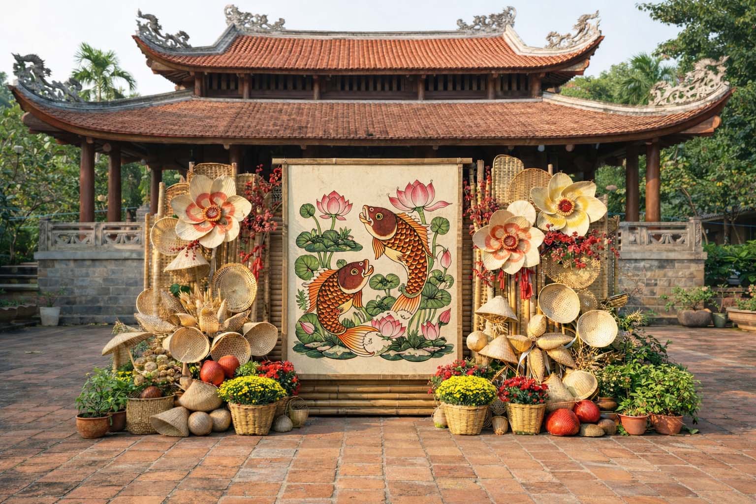 Tiểu cảnh trang trí Tết truyền thống với tranh cá chép hoa sen, mây tre đan và hoa cúc vàng đặt tại chùa