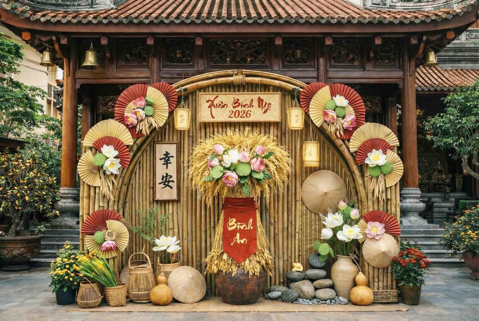 Tiểu cảnh Tết truyền thông với khung tre, quạt và hoa sen làm điểm nhấn 