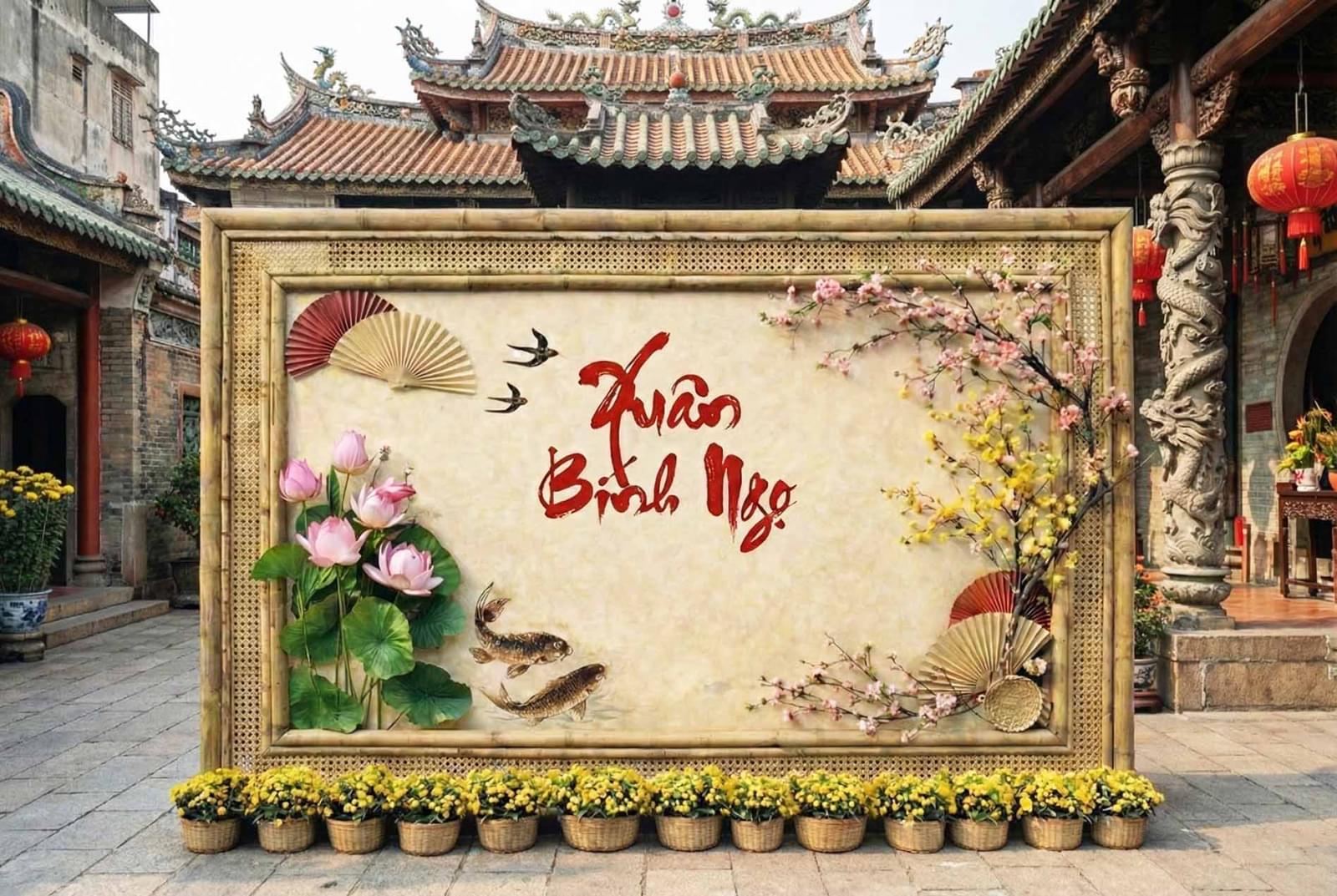 Mẫu backdrop tTiểu cảnh Tết tại chùa mang phong cách mộc mạc, gần gũi kết hợp hoa sen, cá chép và thư pháp