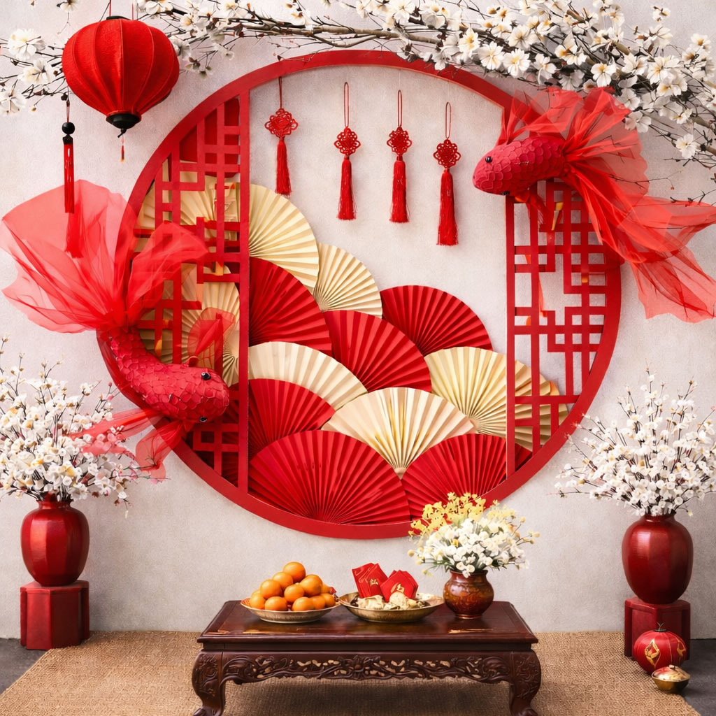 Mẫu trang trí Tết chủ đạo quạt nan và cá chép 