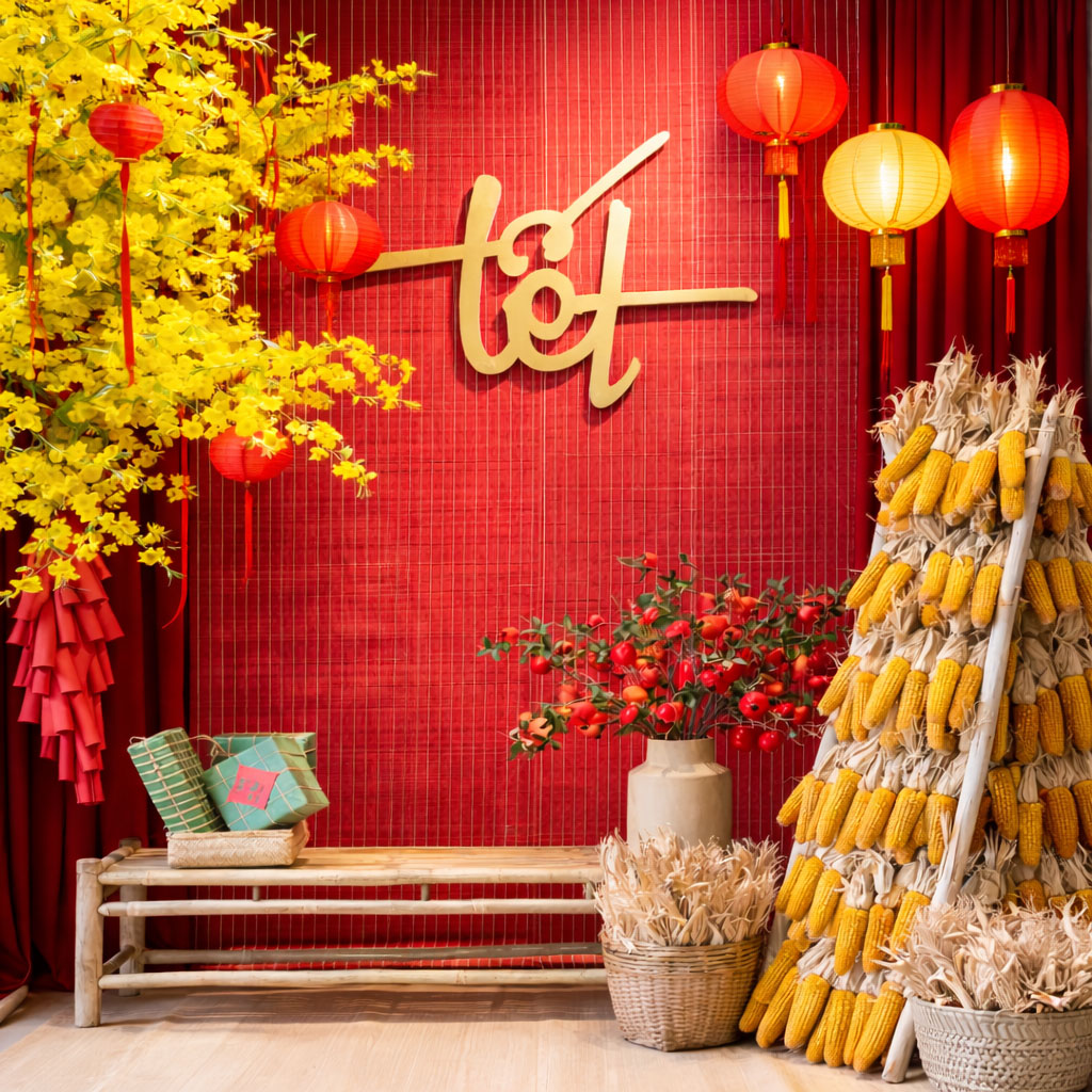 Trang trí tiểu cảnh tết tối giản truyền thống