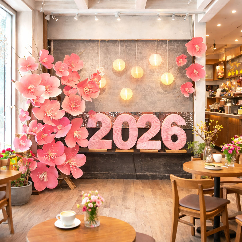 Trang trí Tết quán cafe với hoa đào khổng lồ và chữ 2026 