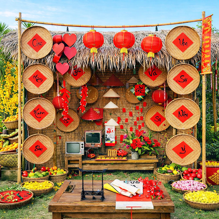 Tiểu cảnh tết xưa tại làng quê mộc mạc và với mái nhà tranh, mẹt tre, lồng đèn đỏ, nón lá, bánh kẹo tết 