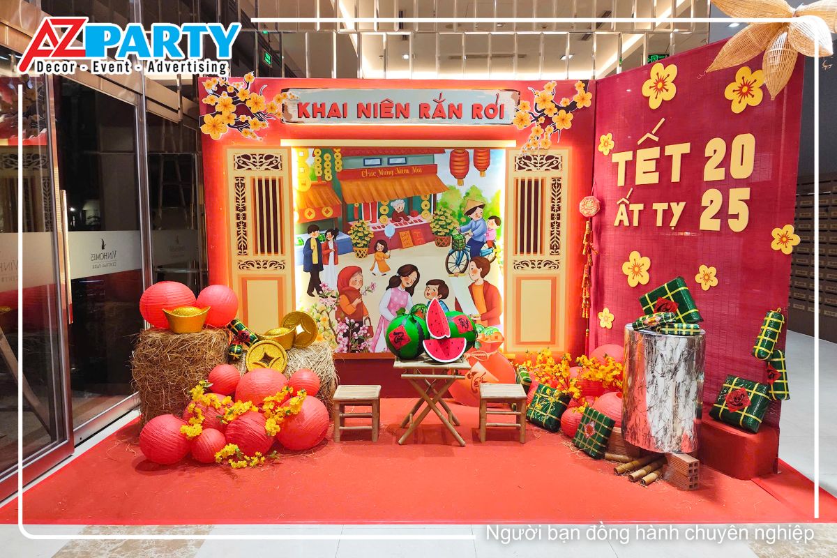 góc chính diện của tiểu cảnh, nổi bật là khung cảnh chợ ngày tết