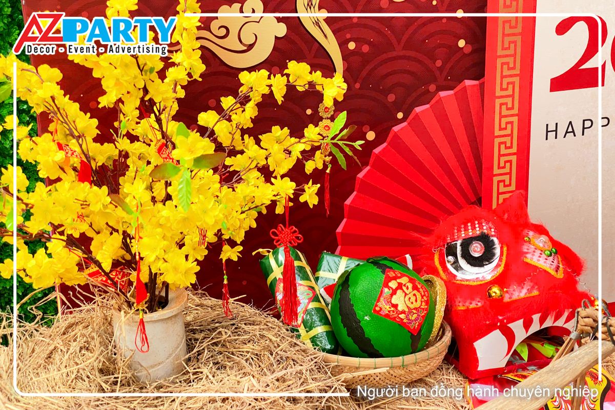 chậu cây mai nhỏ, đầu lân mini và rô bánh chưng