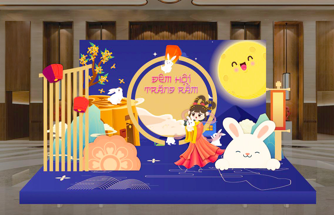 backdrop trung thu với hình ảnh chị Hằng trên cung trăng cùng thỏ trắng