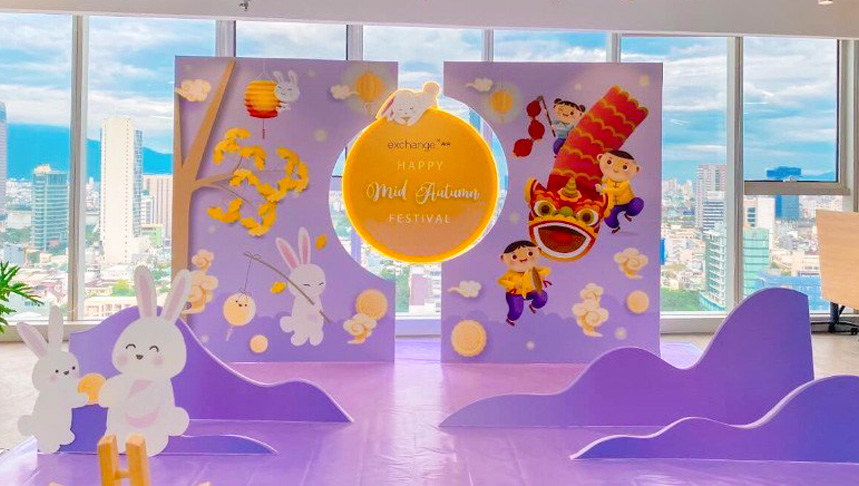 backdrop trung thu trang trí tại văn phòng với hình ảnh các chú thỏ ngộ nghĩnh