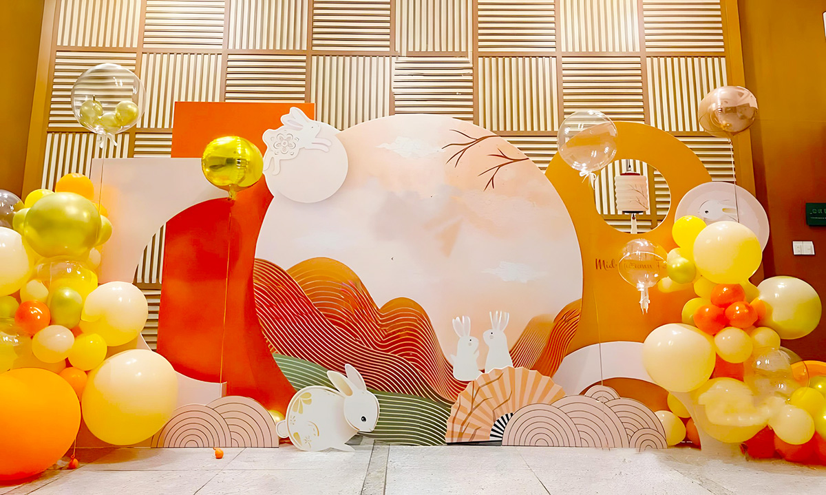 backdrop trung thu với đàn thỏ đang vui đùa trên cung trăng