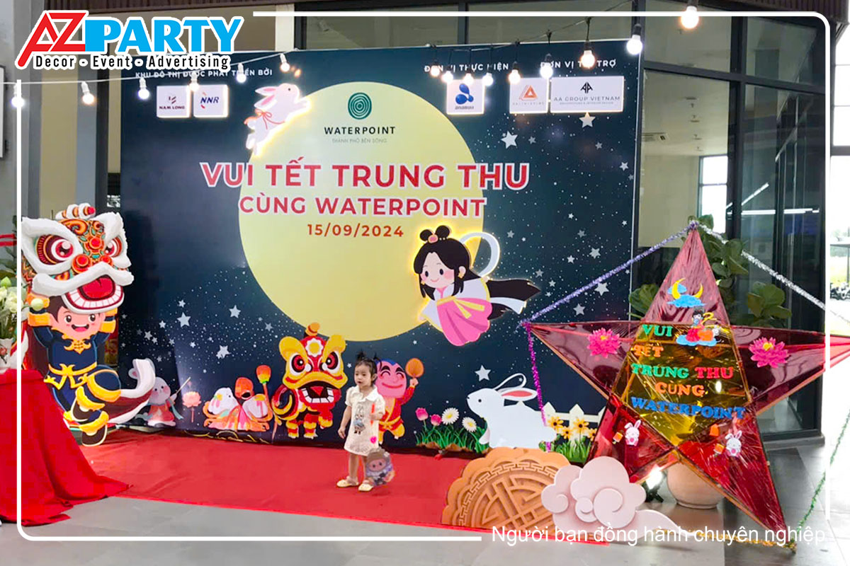 backdrop trung thu với đoàn người rước lân